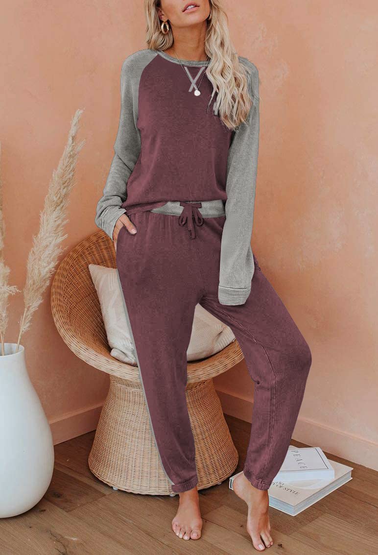 Ekouaer Ensembles de Pyjama Femme à Manches Longues Hiver Vêtements de Nuit à Col Rond Couleur Contrastée S-XXL