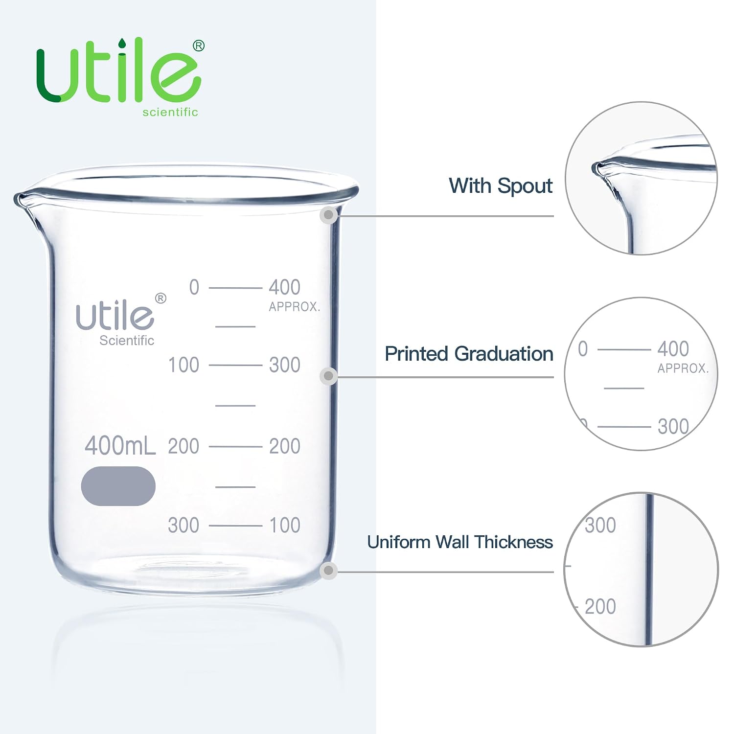 Utile 12 Pcs Glass Beaker Set, Vol.400ml Beakers, Glass Beaker with Double Scale Printed Graduation, 4000.0400.12-X
