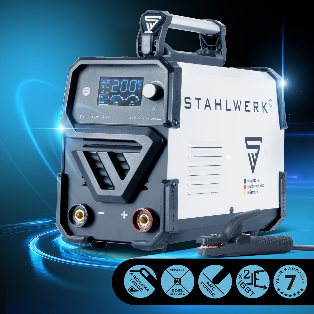 STAHLWERK Elektroden-Schweißgerät ARC 200 ST Digital – Vollausstattung – flexibel einsetzbar ohne Gas, kompakt, MMA, E-Hand, 200 A, Lift-TIG-fähig, Smartkühlung, Überhitzungsschutz, Anti-Stick