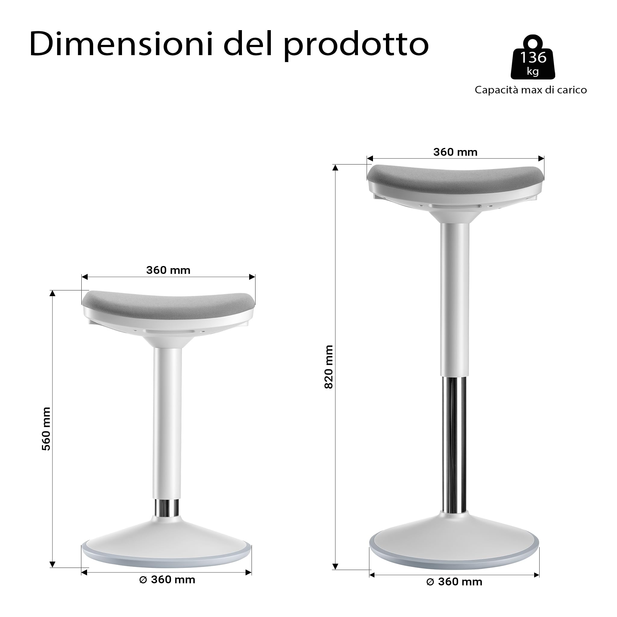 Wiltec Sgabello sit stand grigio, sgabello girevole regolabile in altezza fino a 82 cm, max 135 kg, sgabello ergonomico per casa, ufficio, officina