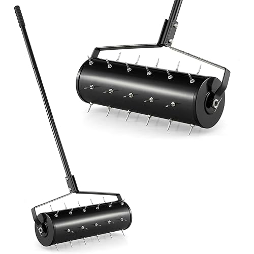 S AFSTAR 21" Manual Lawn Aerator, Heavy Duty Rolling Aerator Lawn Tool Filled Sand Stone with 51" Detachable Handle & Tine Spikes for Soil Loosening, Push Grass Aeration for Garden Yard, Black