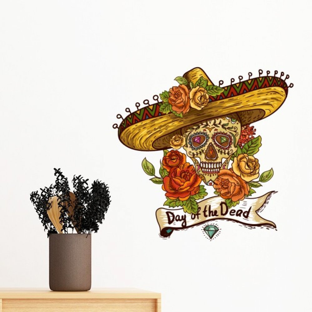 Sticker Day of The Dead Mexique Sombrero Suger Skull Décoration Murale Amovible 50cm