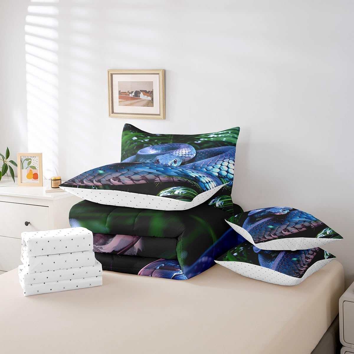 Erosebridal Snake 7 Piece Bed in a Bag Twin,Blue Snake Comforter Set for Boys Man,3D Reptile Sheet Set Tropical Bed Set,Blue Scales Quilt Set,Palm Leaf Wild Animal Wildlife Bedding Set