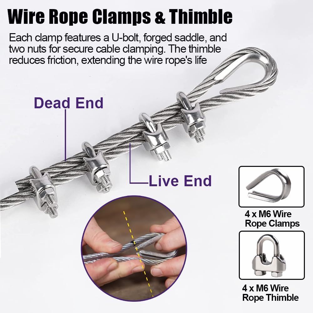 Cable Inox 6mm, 30M 7x19 Structure Cable Acier, Cable en Inox Inoxydable avec des Clips et Des Dés à Coudre, 2900kg de Résistance à la Rupture pour Câble Principal Zipline