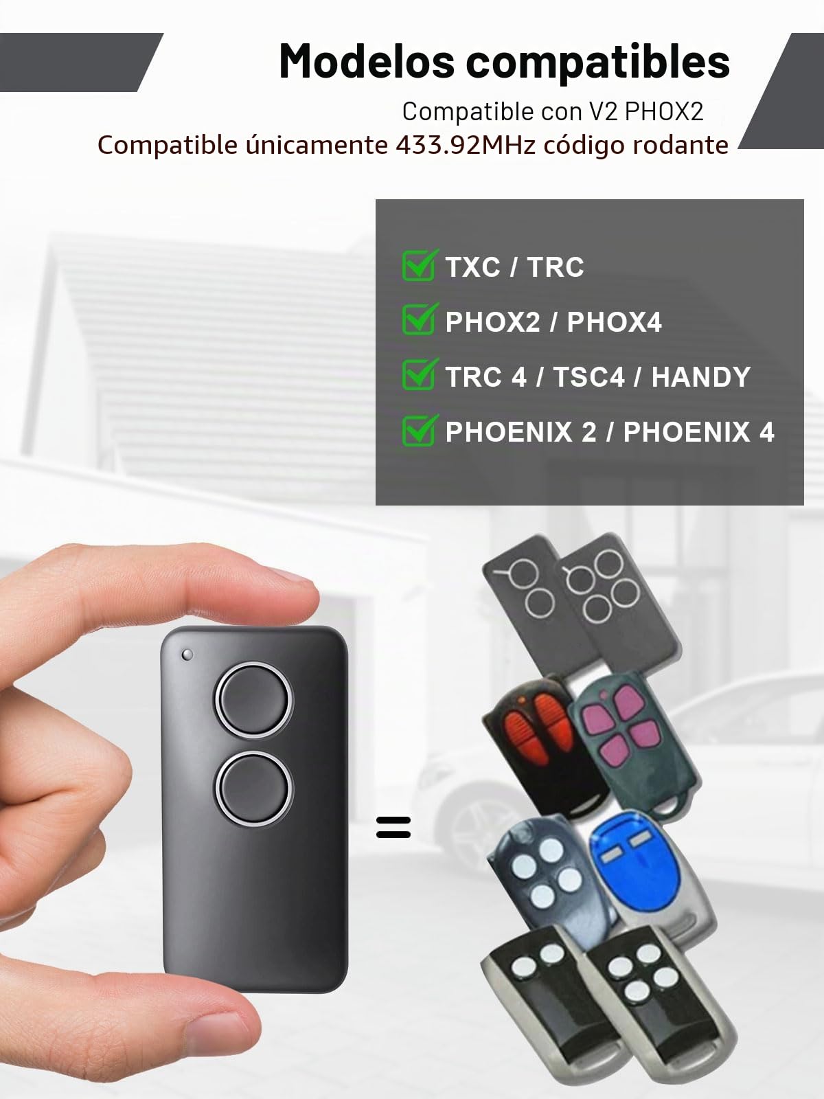 433,92 MHz Mando a Distancia para Puertas Garaje, Mando a Distancia 2 Canales, Compatible con V2 PHOX2, PHOX4, TRC4, TSC4, Phoenix 2, Phoenix 4, Código Variable, 2 Unidades