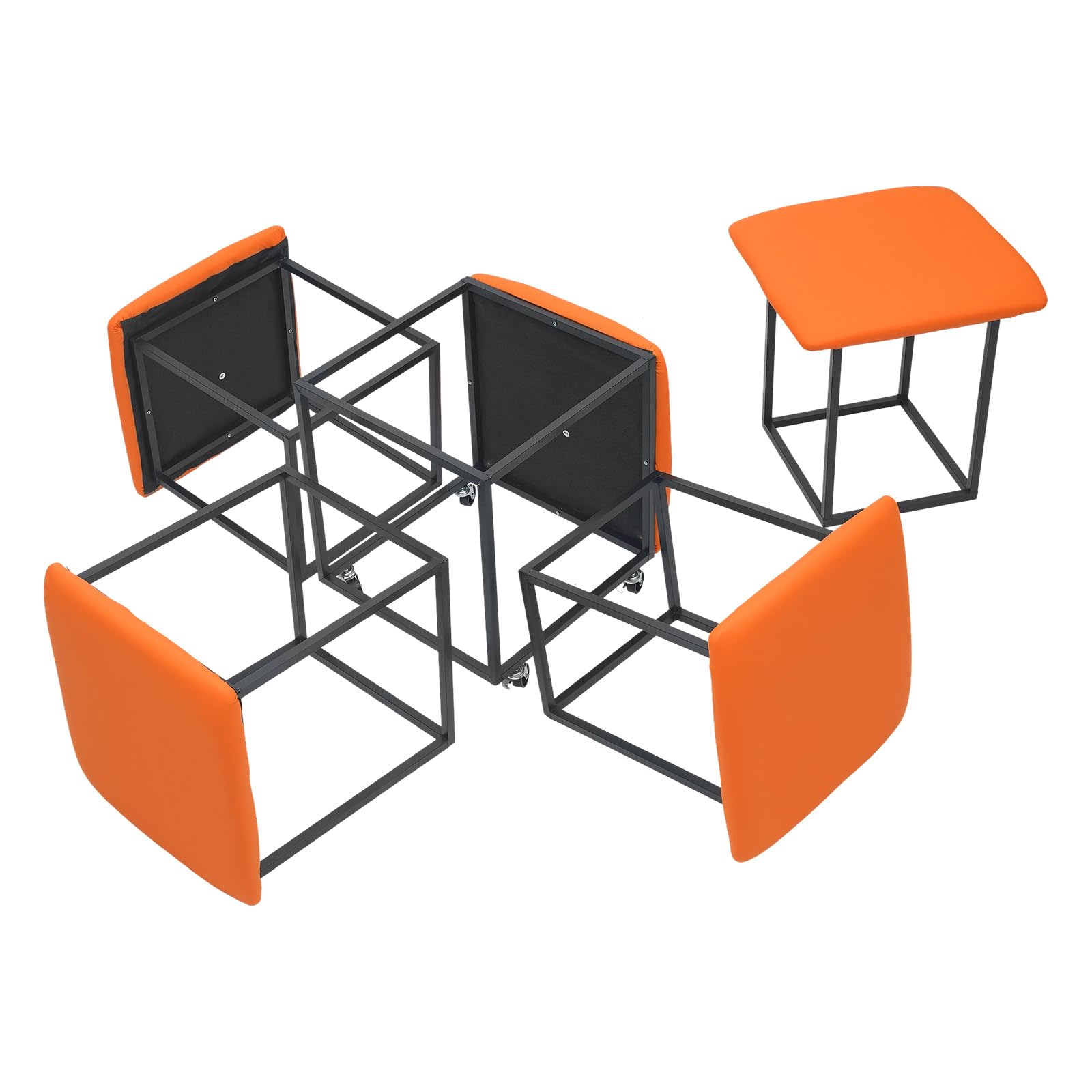 5 in 1 Sgabello multifunzione a cubo con ruote e freni, superficie in poliuretano, impilabile, per soggiorno, camera da letto, studio (arancione-rosso)