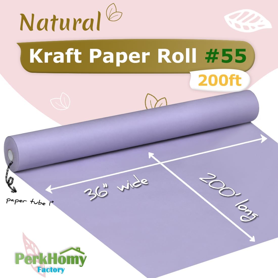 PerkHomy 36" x 2,400" (200') Light Purple Kraft Paper Roll for Craft Bulletin Board Paper Art Table Covering Crafting Gift Wrapping Bouquet Packing Parcel 80GSM 55LB (Light Purple, 36" x 200')