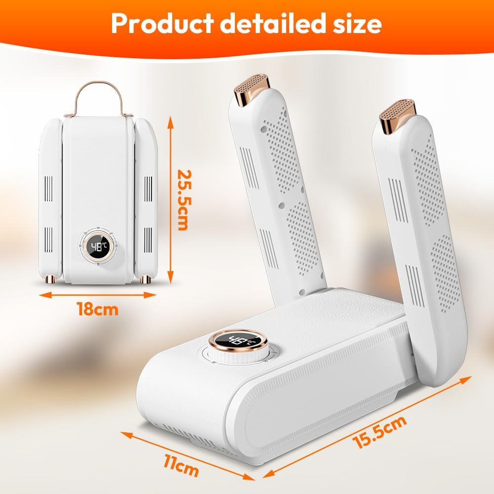 Dimensions of the Kayuneed Electric Shoe Dryer, showing 25.5cm height and 18cm width when folded, and 15.5cm length and 11cm width when unfolded