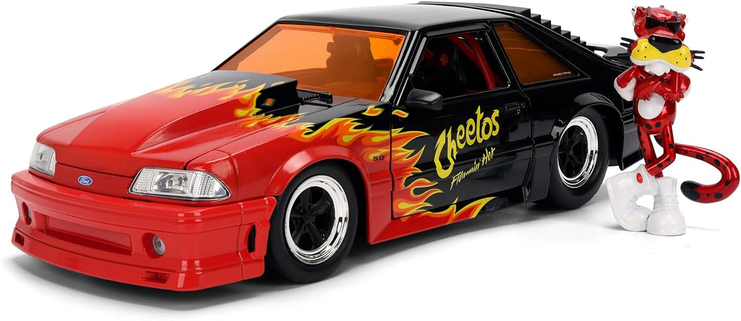 Jada 1989 Ford Mustang GT w/Chester Cheetah Figure, Cheetos Flamin' Hot Toys 36255-1/24 Scale Diecast Model Car