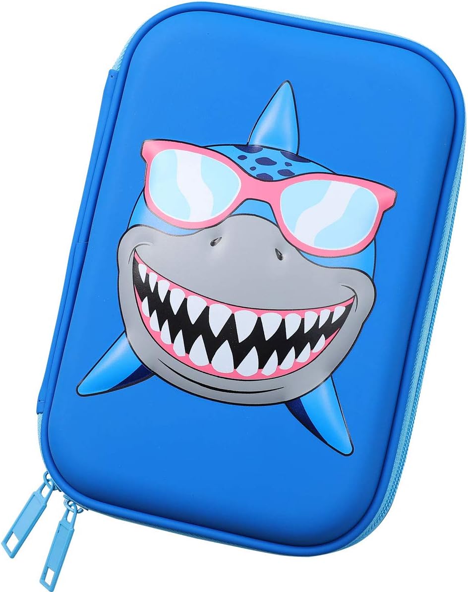 SOOCUTE Cool Shark Embossed School Boys Big Hardtop Pencil Case with Compartment - Cute Stationery Supply Organizer Box Pen Holder for Kids Children Toddlers(Royal Blue)