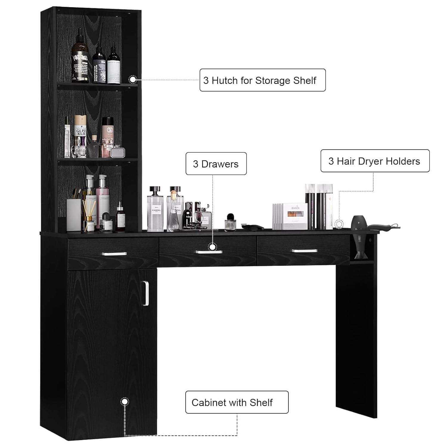 4ever2buy Salon Stations for Hair Stylist, Black Barber Hair Salon Station, 3 Hair Dryer Holder, 3 Drawers and 1 Cabinet, Mirror not Included, Black thumbnail