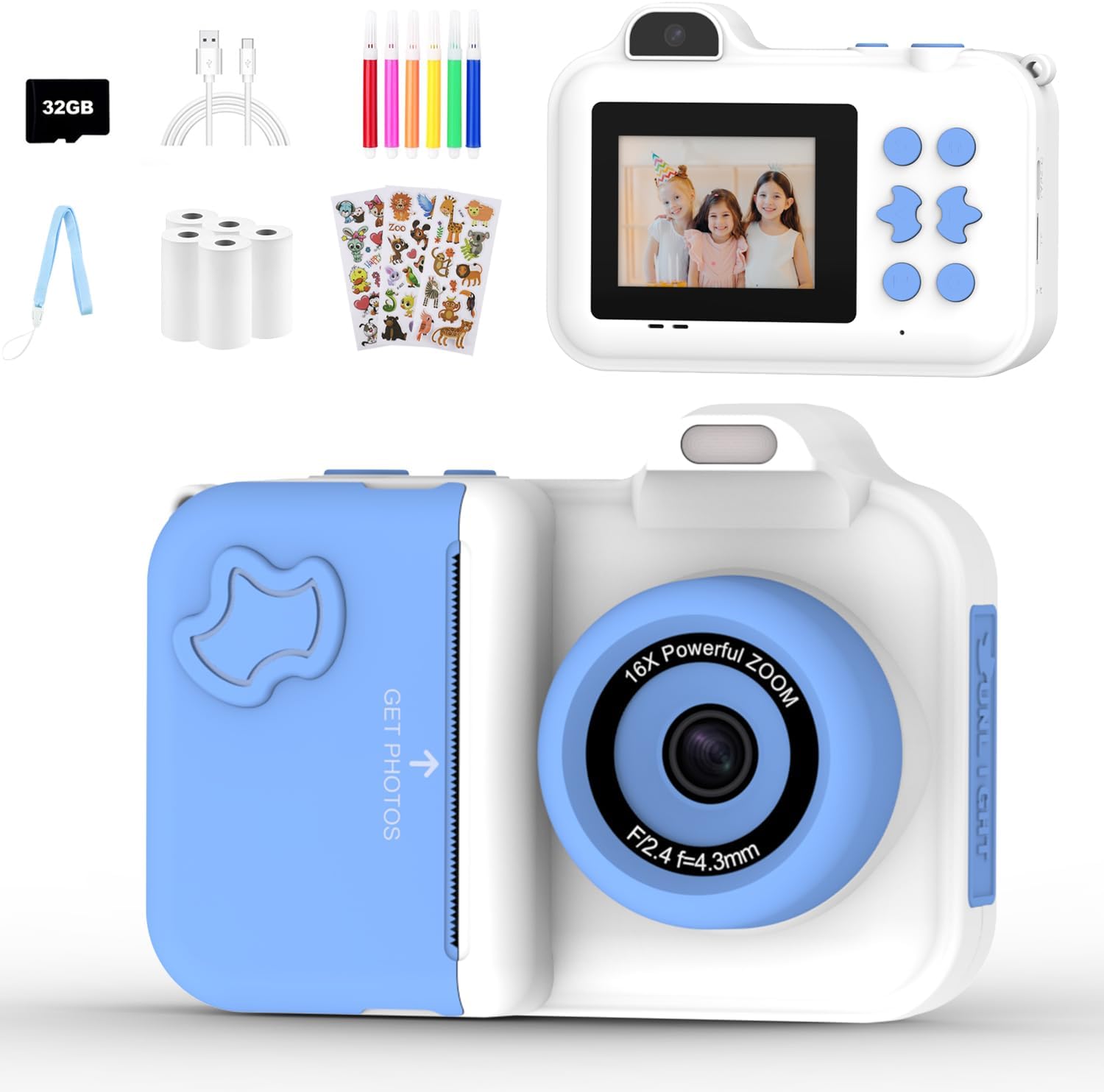 Kids Instant Print Camera for Girls Boys, 1080P HD Dual-Lens Selfie Digital Camera with 16X Zoom, 32GB Card, 5 Rolls Print Paper, Stickers & Pens, Christmas Birthday Gifts Toys for Ages 4-12