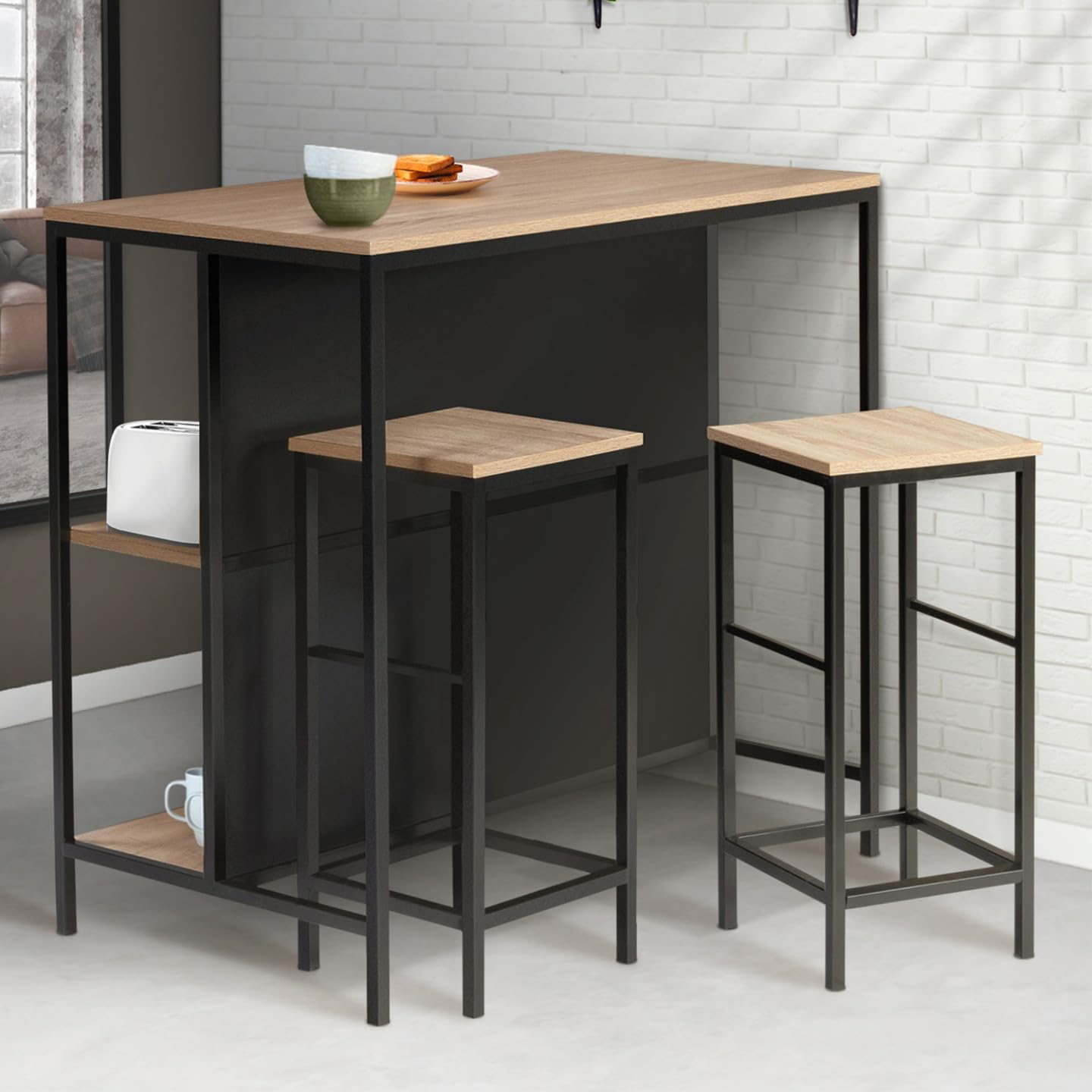 IDMarket - Ensemble Table de Bar îlot Detroit et 2 tabourets Design Industriel