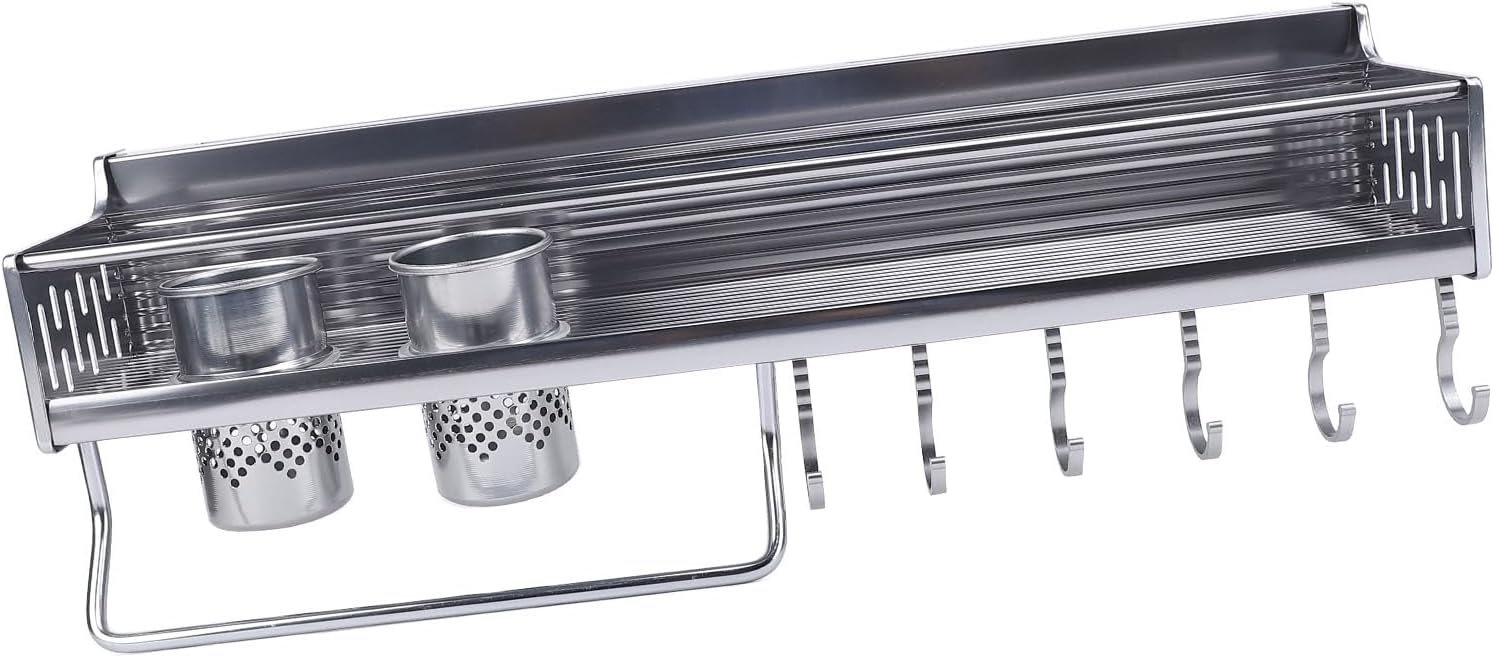 Ymiko Wall Utensil Organizer Rack, Kitchen Utensil Hanger with Hooks and Dividers, Stainless Steel Storage Shelf for Chopstick, Cutter, Spice, Rag