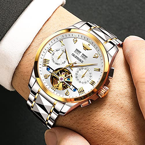 Image of OLEVS Mens Watches Skeleton Mechanical Black Watches for Men Wrist Watches Automatic Luxury Tungsten Steel Sapphire Crystal Waterproof Luminous Gold and Black