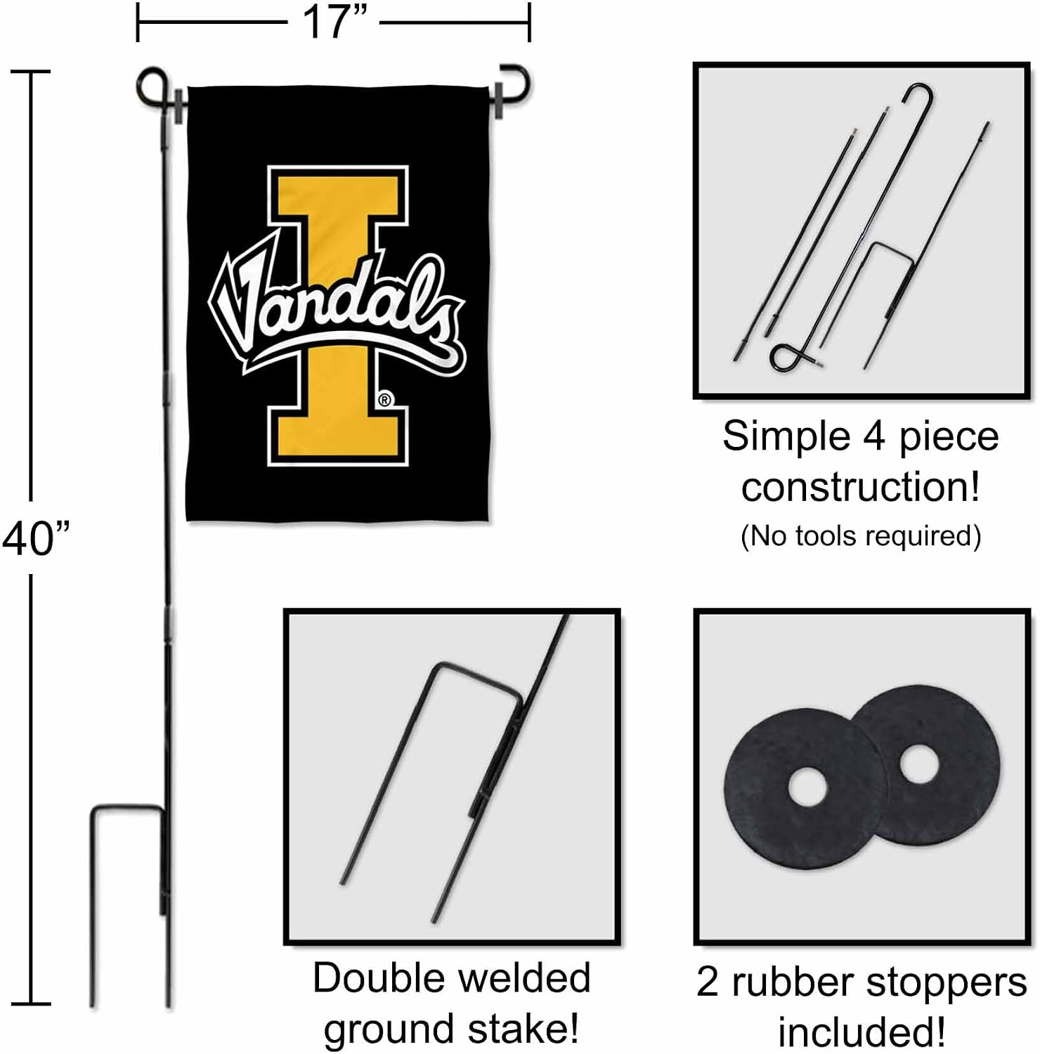 College Flags & Banners Co. Idaho Vandals New Gold Garden Flag and Flag Stand Pole Holder Set