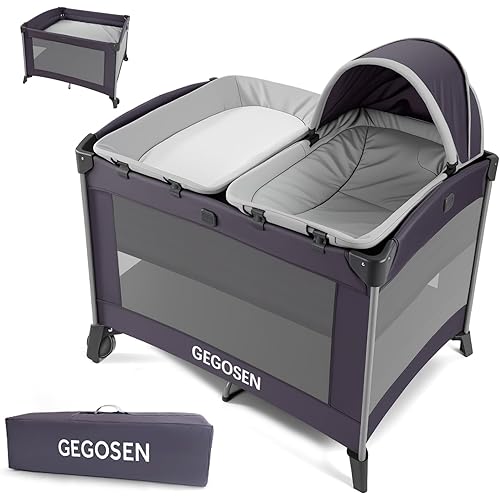 Portable Baby Playard 4 in 1 Design, Foldable Baby Playpen with Removable Bassinet, Canopy and Changing Table, Infant Playrad, Nursery Center Travel Crib
