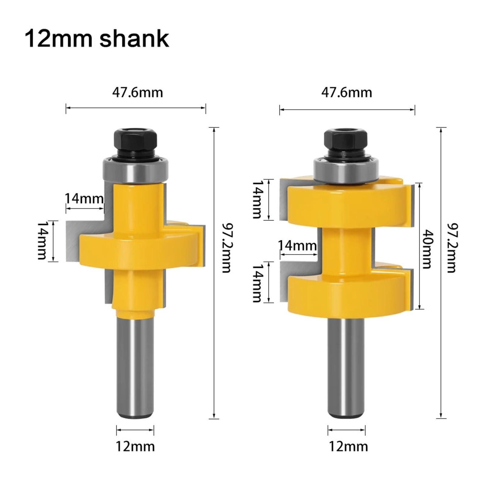 2 Szt. 1/2 "12mm Shank Duży Język Rowek Wspólny Montaż Zestaw Bitów Routera 42mm Narzędzie Do Cięcia Drewna(12mm shank)
