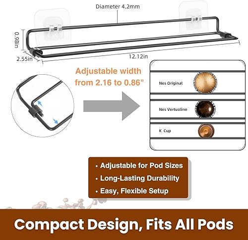 Miniatura 6 de Soporte para tazas K, soporte de pared para tazas K, ajustable para cualquier marca, organizador de almacenamiento de cápsulas con calcomanías