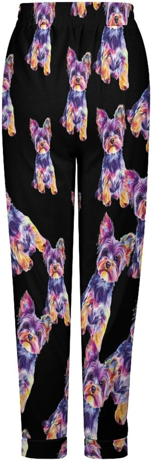 Watercolor Puppy Yorkshire Terrier Dog Soft Women Pajamas Pants Long Lounge Bottoms Pant Sleepwear Nightwear Pjs