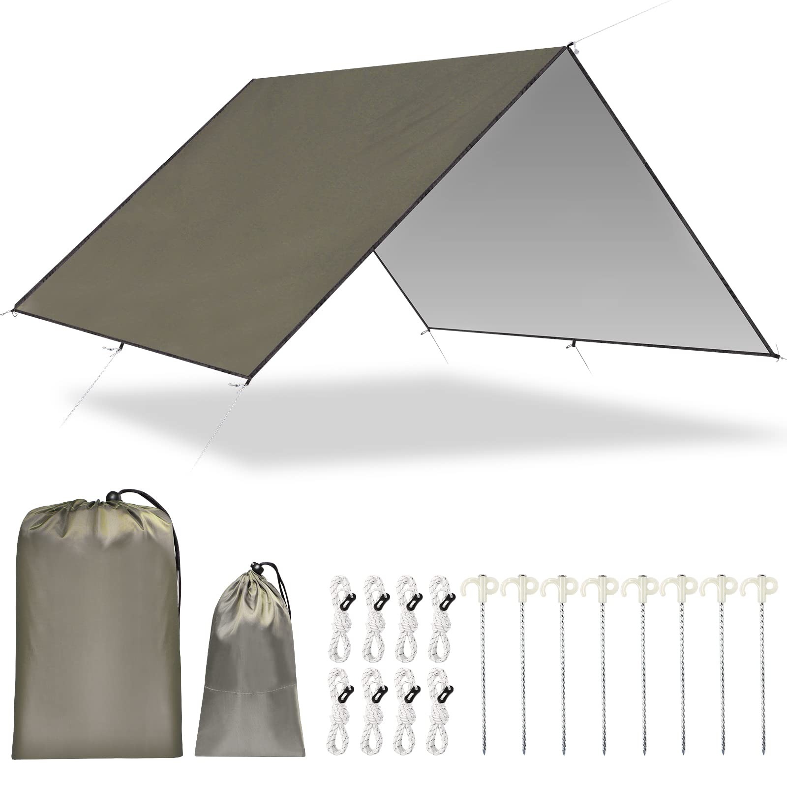 Bluever Brown Waterproof Camping Tarp, Hammock Rain Fly Anti Uv Sun Shelter Outdoor Camping Tent Tarp Windproof Snowproof