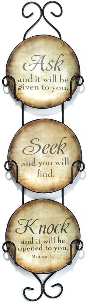 Ask, Seek, Knock Ceramic Mini Wall Plates With Metal Display Rack, Set of 3