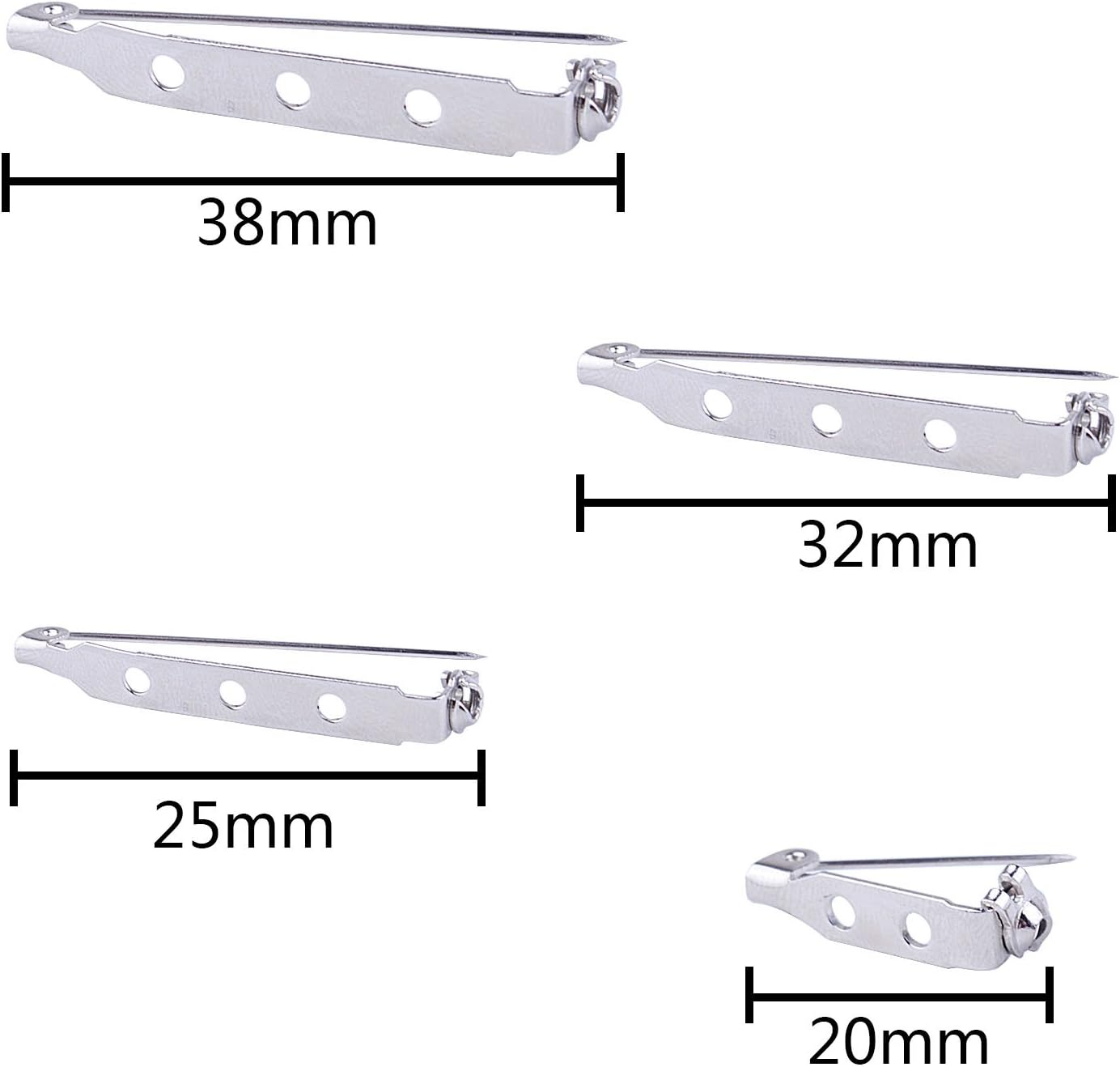 BronaGrand 120pcs Bar Pins Brooch Pin Backs Safety Clasp, 4 Sizes 20 mm, 25 mm, 32 mm and 38 mm (Silver)
