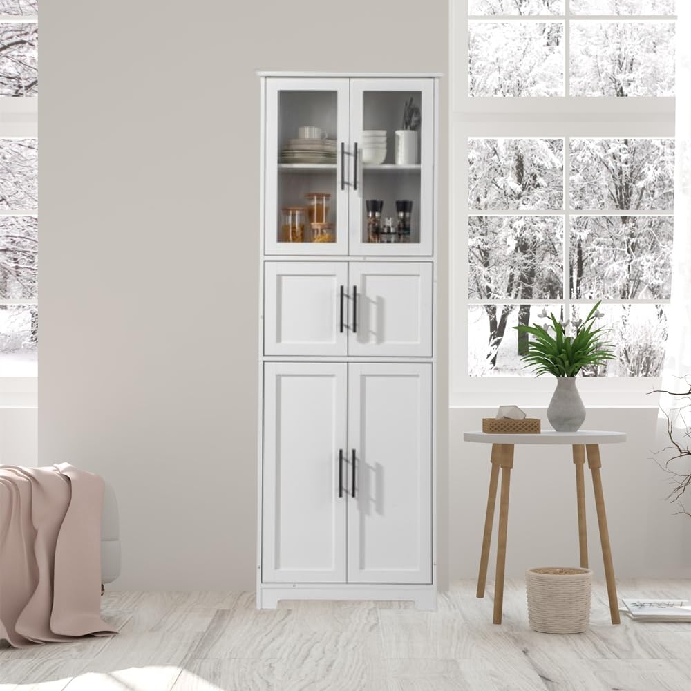 OMAZOOM Storage Bathroom Cabinet, 6-Door Bathroom High Cabinet, White