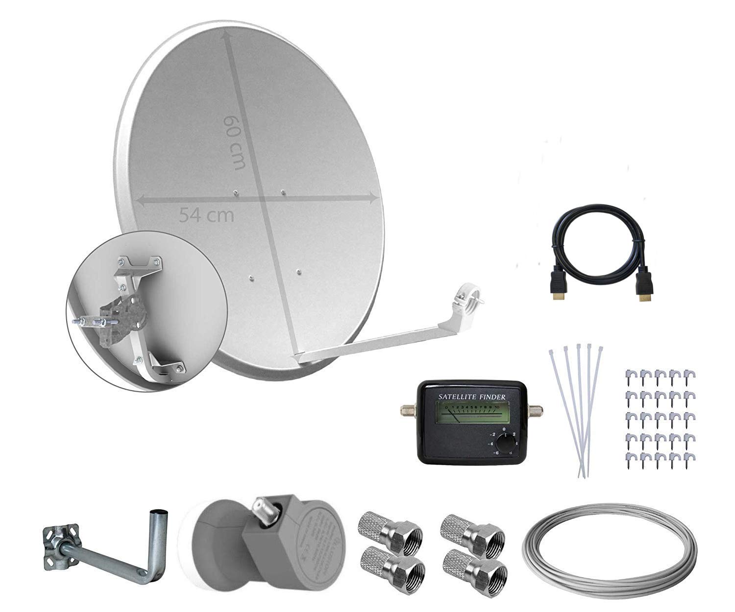 Tecatel E60C1LSCCK1-37 - Kit parabólica de 60 cm (Soporte, LNB Universal, Cable, Conectores, Grapas, Bridas y buscador), Color Blanco
