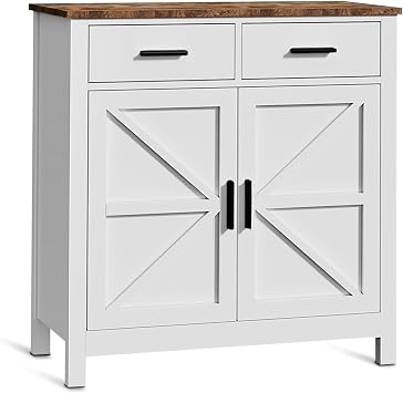 Wood Storage Cabinet with 2 Barn Doors, Farmhouse Buffet Cabinet with Storage, Coffee Bar with 2 Drawers, Floor Standing Stotage Cabinets for Living Room, Dining Room, Entryway, Bathroom, White
