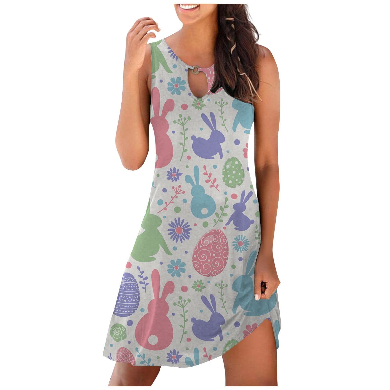 Women's Summer Dresses Floral Printed Tank Sleeveless Dress Hollow Out O-Neck Loose Beach Short Mini Sundress