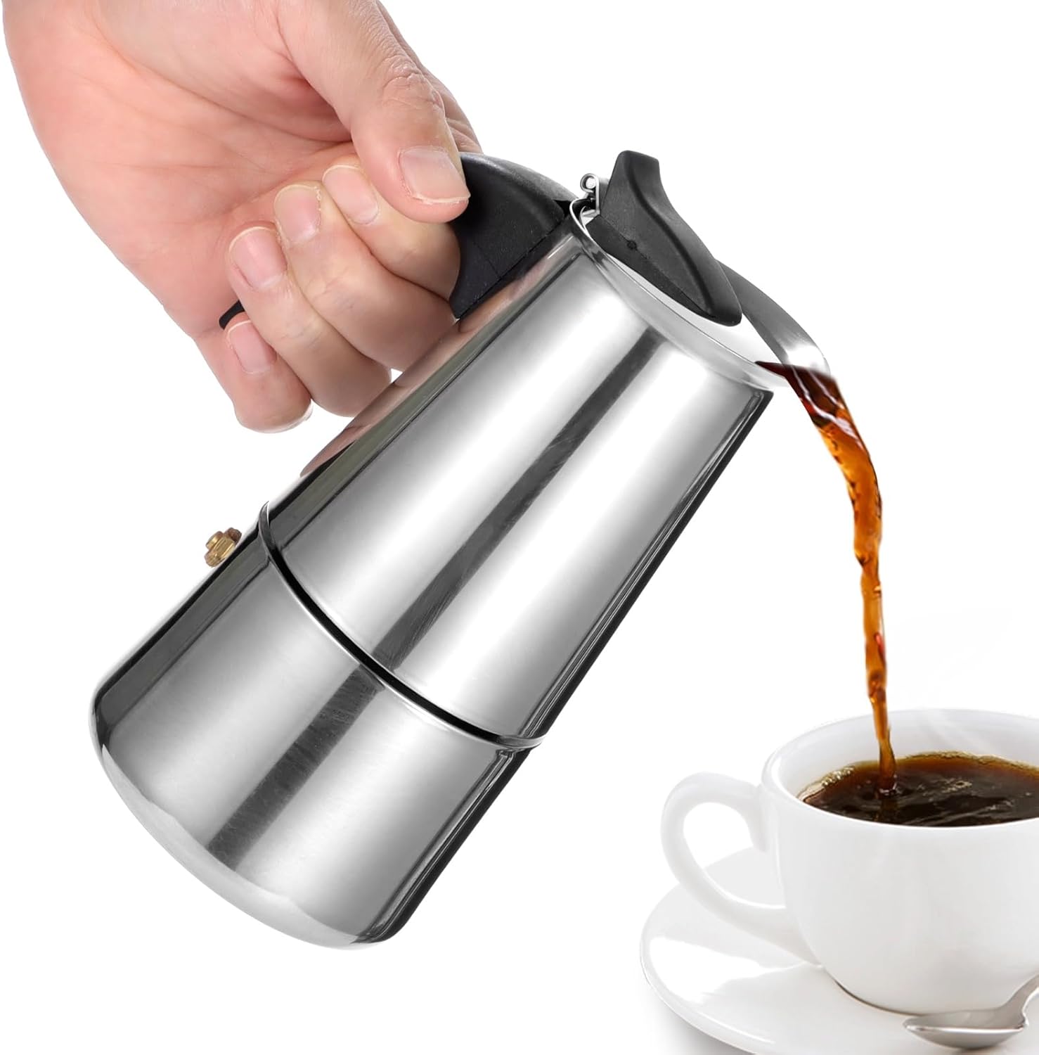 4 Cup Stainless Steel Moka Pot, 7 oz Stovetop Espresso Maker, Percolator Coffee Pot with Spout, Handle, and Safety Valve, Classic Italian Greca Coffee Maker for Home Travel