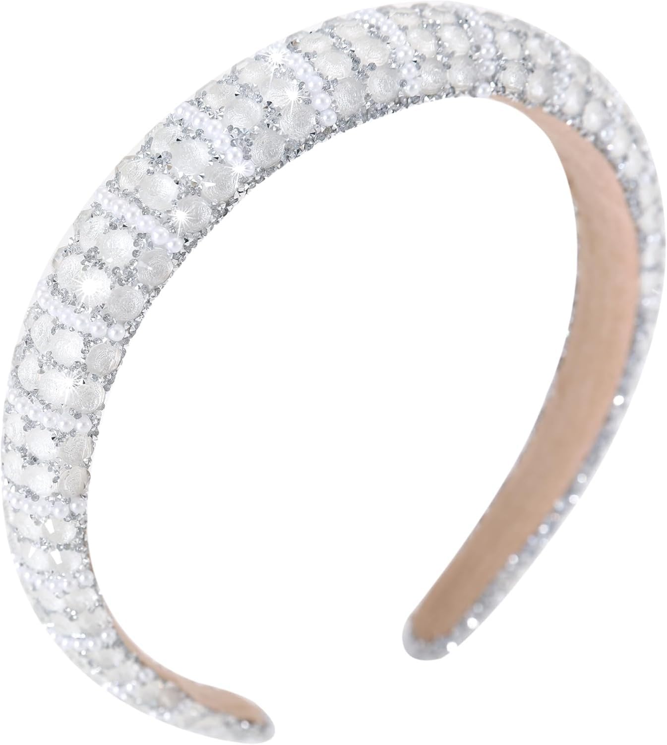 KGAIXN Diamond Rhinestone Jeweled Headbands for Women Girls Bling Sparkle Beaded Crystal Thick Padded Hairband Non Slip Glitter Hair Hoop Accessories, A-White