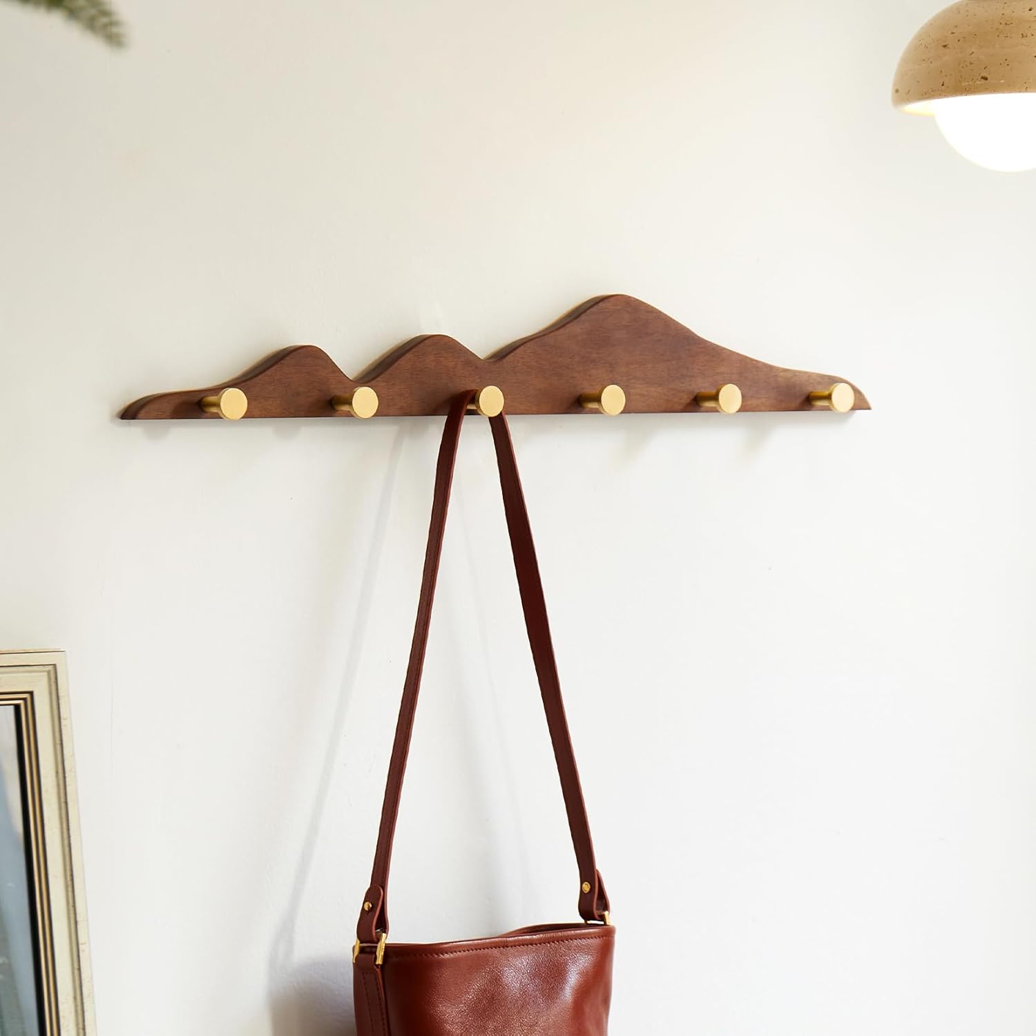 Elegant Wall Coat Rack with Hooks Walnut Wood Solid Coat Hanger Wall Mount with 6 Brass Hooks, Moisture-Resistant Wax Oil Finish for Home (Walnut, 6 Hooks)