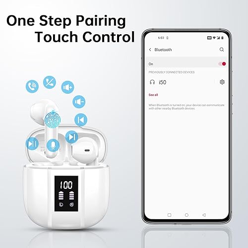 Miniatura 7 de Wireless Earbuds, 2024 Wireless Headphones Bluetooth 5.3, 14.2mm Driver Stereo, 3g Mini 48Hrs Ear buds, 4 ENC Mics Bluetooth Headphone in Ear, IP7