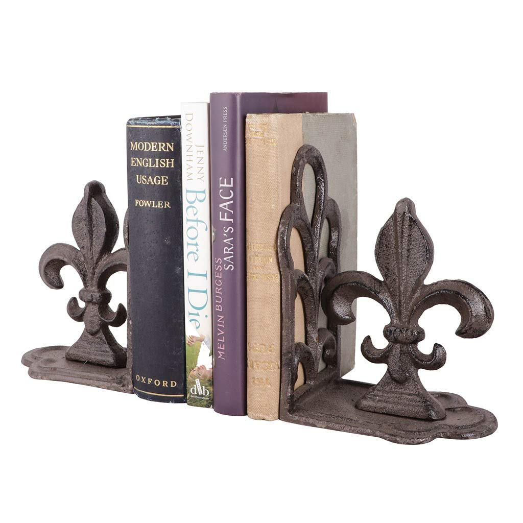 Set of 2 Cast Iron Heavyweight Fleur De Lys Bookends Wedding Anniversary Mothers Day Reading Gift Idea 1kg (BZ86)