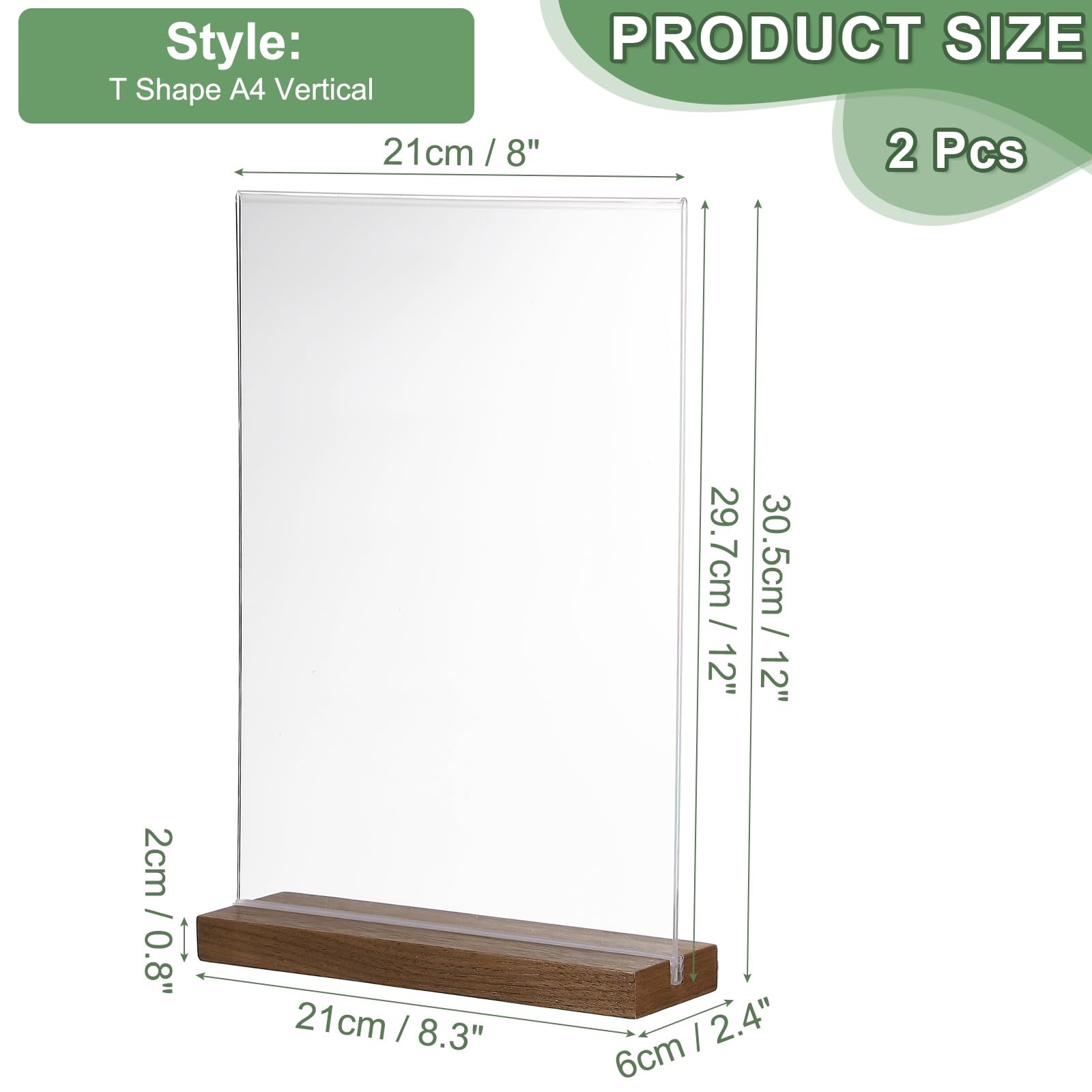 PATIKIL Letrero acrílico de 8 x 12 pulgadas, 2 soportes acrílicos en forma de T con base de madera vertical A4 de doble cara transparente para exhibición de mesa, menú, soporte de papel para boda