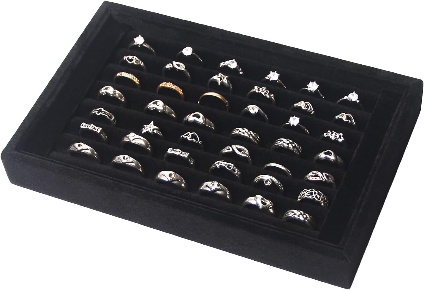 Pangkeep Black Velvet Ring Display Tray - Holds 42 Rings & Earrings, Jewelry Organizer Stand for Selling & Storage