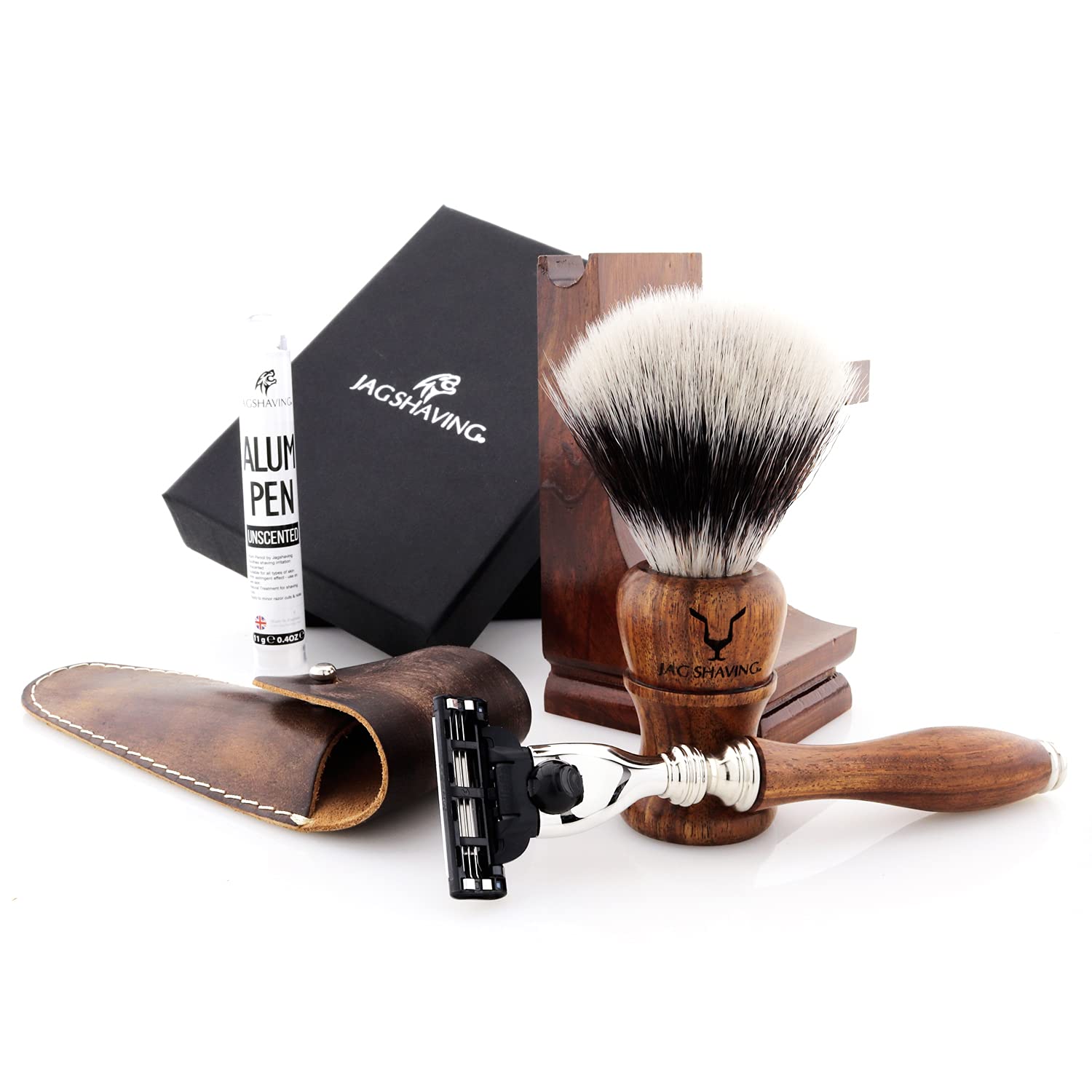 Jag Shaving Rasierset - Nachhaltige 4-teiliges Rasierset aus Holz - Synthetik Silberspitzhaar Rasierpinsel - 3 Rasierklingen Rasierhobel - Rasierständer - Ledertasche für Rasierhobel