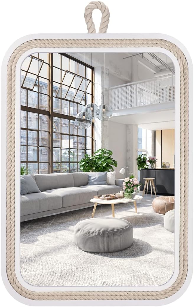 Nautical Rope Mirror Rectangular Hanging Mirrors for Wall 22''Lx16''W White Decorative Mirror Farmhouse Mirror with Rope for Bathroom,Livingroom,Entryway-Beachy Coastal Wall Decor 22"L x 16"W