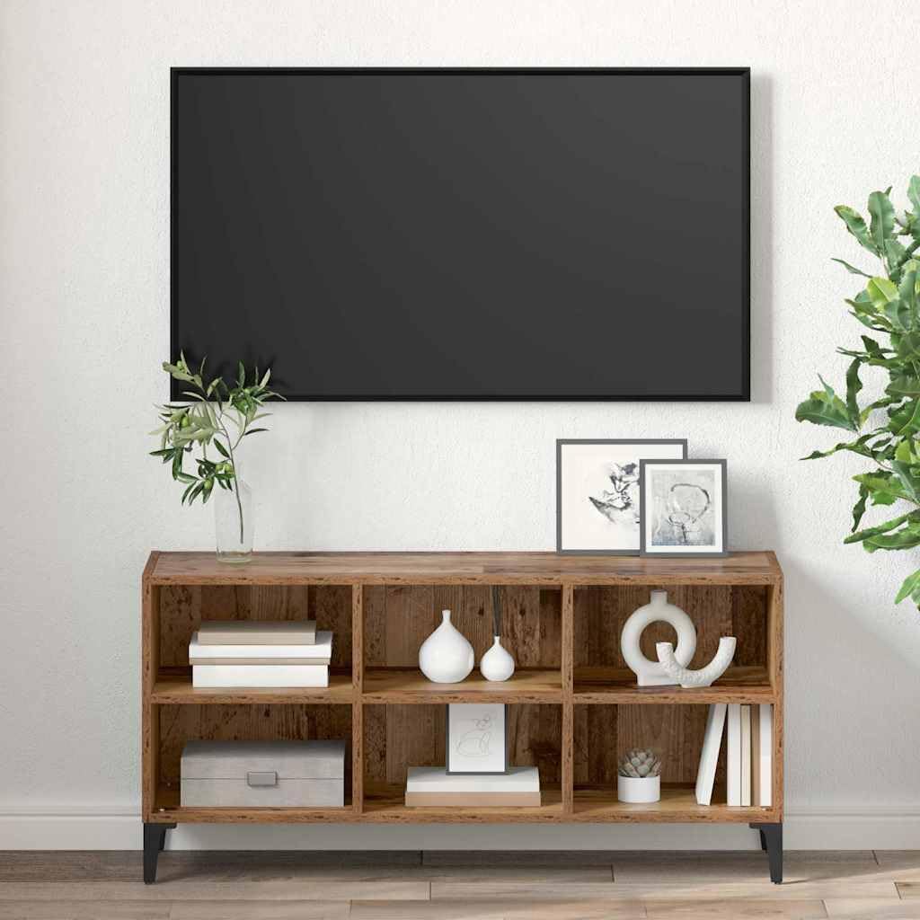 Szafka telewizyjna brązowa przemysłowa szafka TV z 4 przegródkami, stabilny stojak do organizowania książek i urządzeń multimedialnych 69,5 x 30 x 50 cm drewno przeciwko
