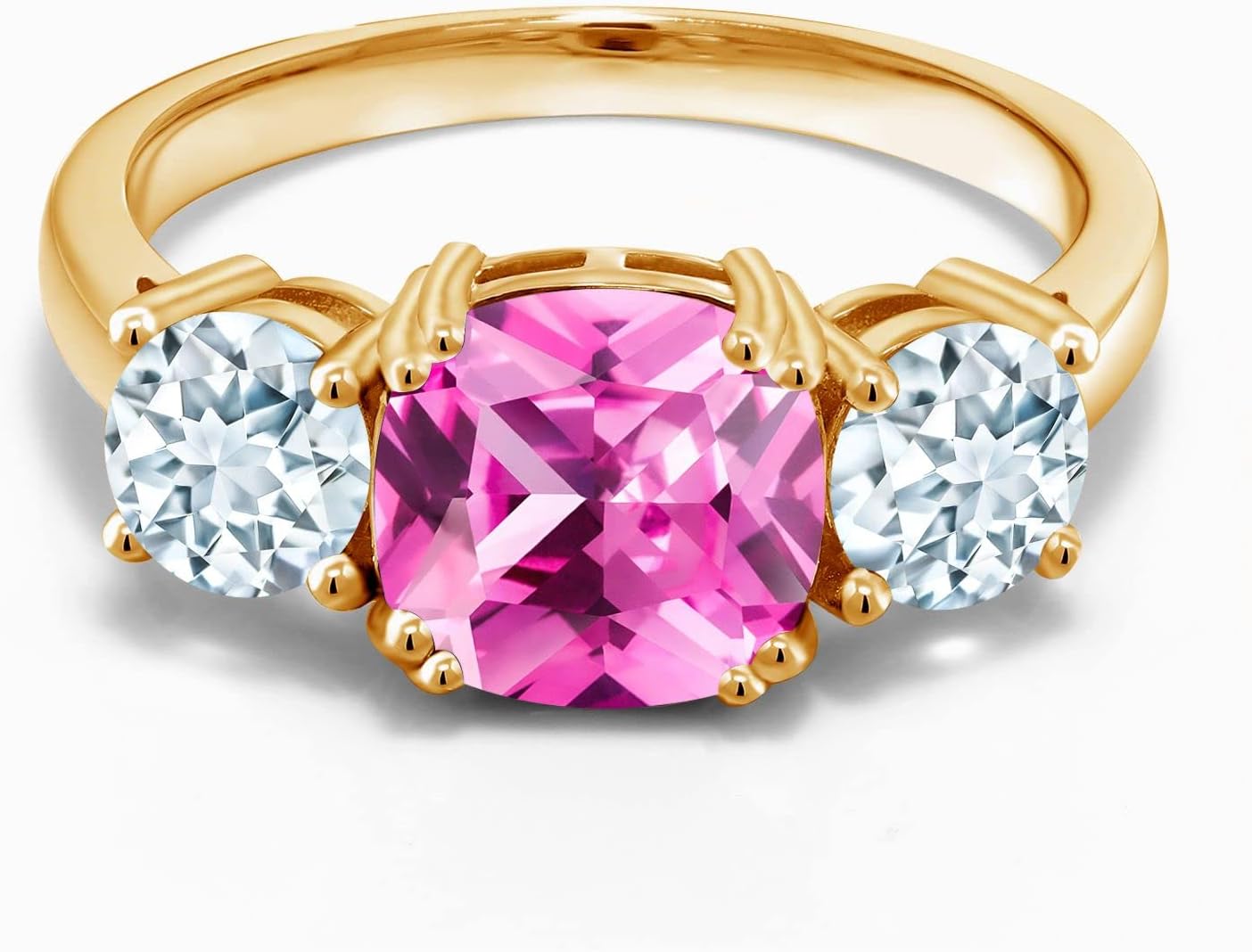 Gem Stone King 18K Yellow Gold Plated Silver Pink Created Sapphire and Sky Blue Aquamarine 3 Stone Engagement Ring For Women (3.75 Cttw, Gemstone September Birthstone, Cushion 8MM)