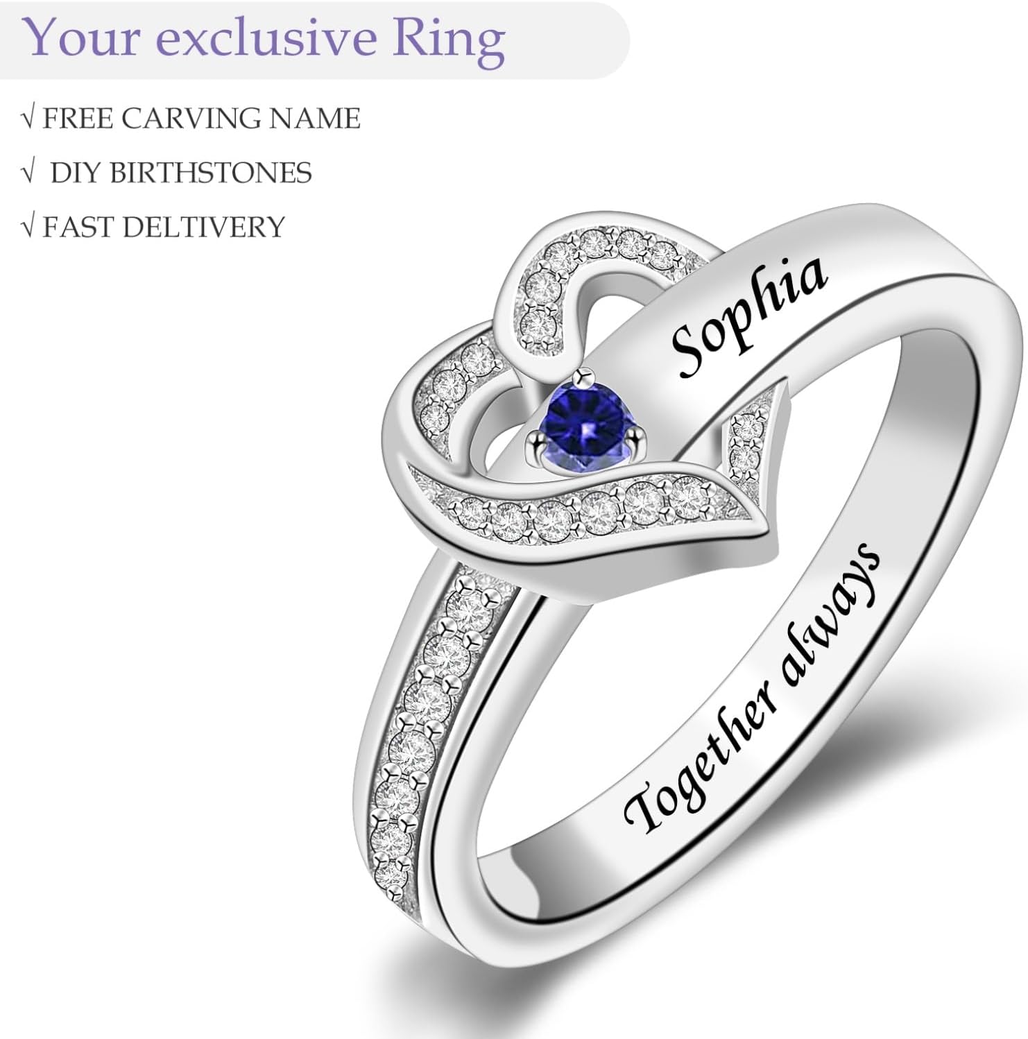 MissNaNa Lady's Gift Custom Mother Birthstone Rings with 1-8 Names Personalized Family Ring Engraved Heart Rings for Women Grandma Wife