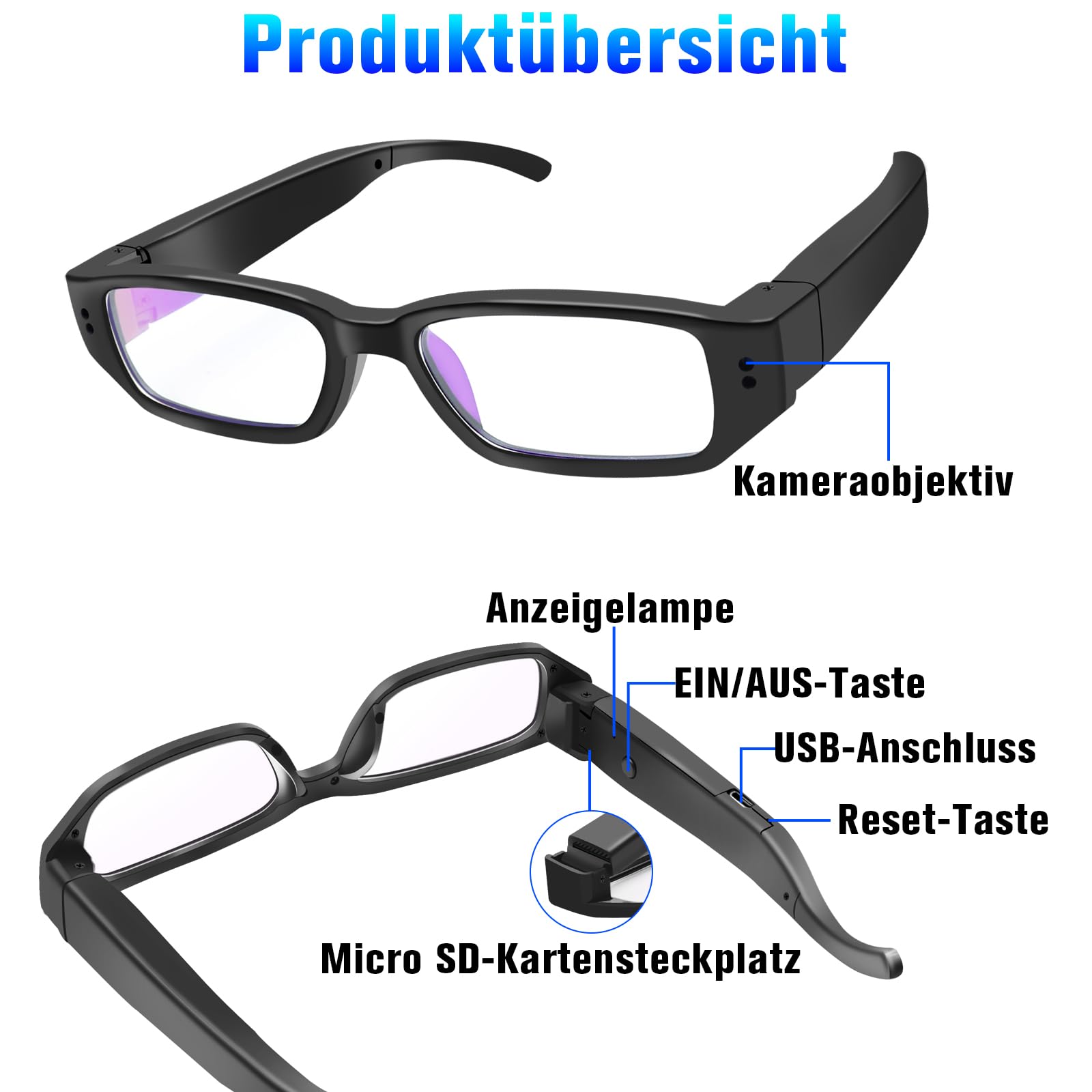 Brillenkamera, Sport-Actionkamera HD-1080P-Brillenvideokamera, Mini-Brillen Kamera, Kleine Videokamera mit Loop-Aufnahmefunktion