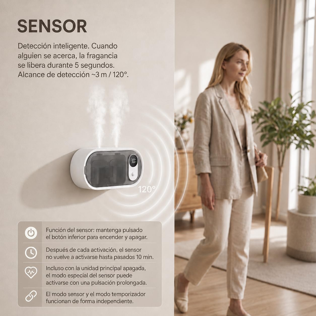 Sobremesa o Pared Difusor de Aceites Esenciales con Doble Boquilla, Sensor Movimiento, Temporizador, sin Agua, 100ml Hiltonn & Ocean Difusor de Aromas para Baño, Dormitorio y Salón