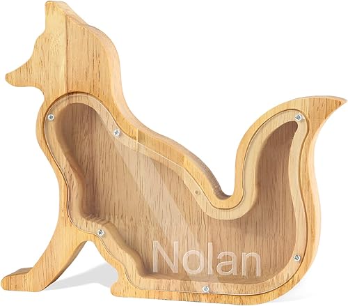 Alcancía de madera personalizada con nombre grabado, caja de dinero, regalo de cumpleaños para niños y niñas (zorro)