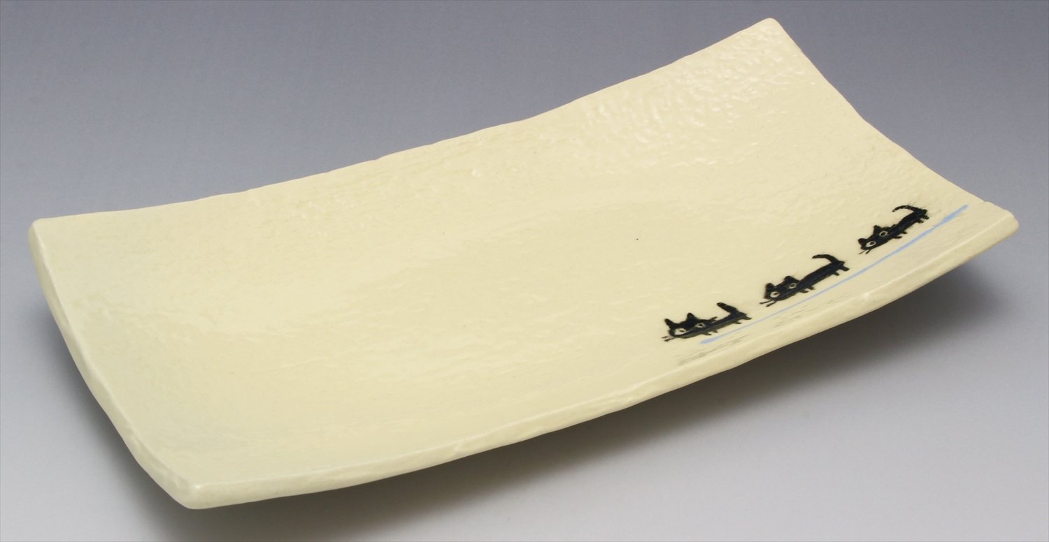 Seto Ware Long Plate Water Blue 25cm Black Cat