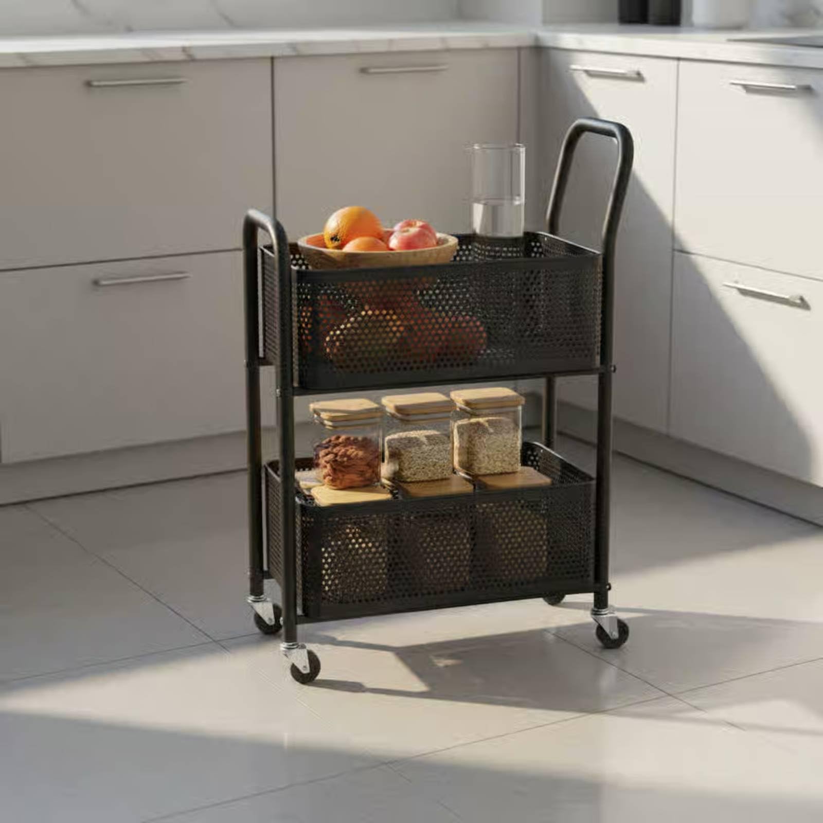 Carrello Portatutto Due Ripiani Carrello con Ruote Cestelli in Acciaio al Carbonio Struttura con Bordo Arrotondato Manico Rialzato Facile da Spostare, Beige