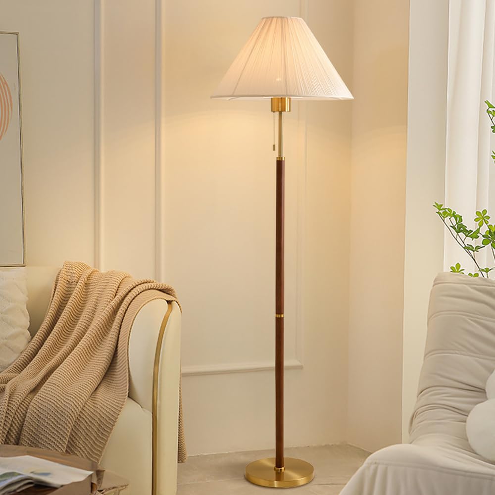 HGJHJJHK Contemporary Pleated Fabric Floor Lamp Walnut Floor Light Wood Body Tall Lamp with E26 Dimmable Linen Standing Light for Living Room Study Bedroom Sofa Area Entrance