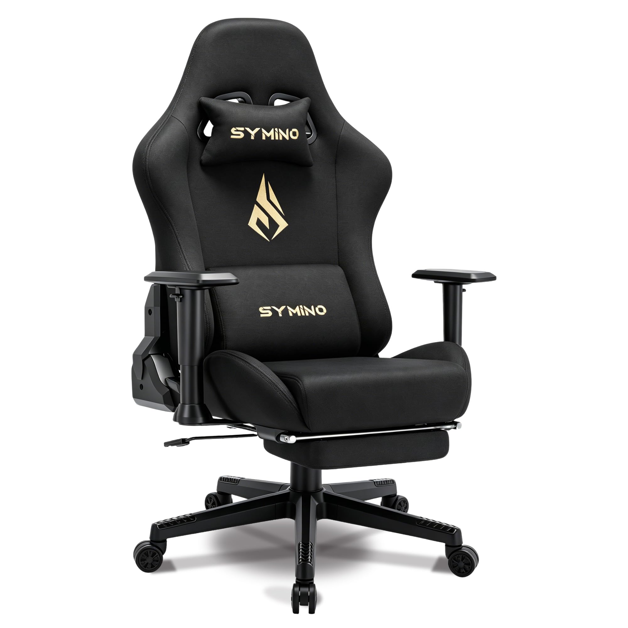 Symino Silla Gaming Ergonómica con Reposapiés, 150° Reclinable: Soporte Lumbar y Reposacabezas Regulable, Ajustable en Altura, Soporta hasta 200kg (Black)